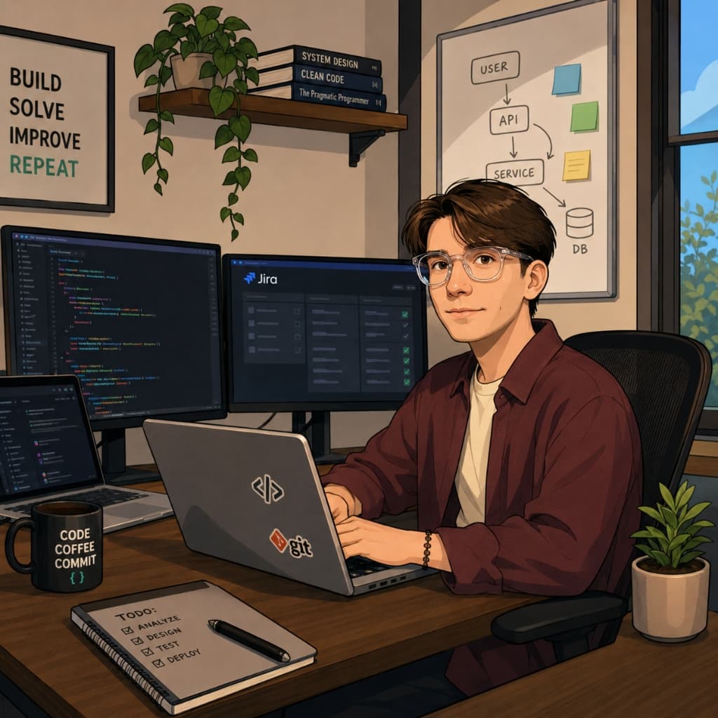 Cartoon style system analyst character working confidently